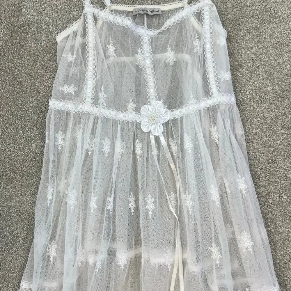 Vintage No Strings Attached Sheer White Floral Coverup Bridal Night Gown Dress M - Picture 11 of 13